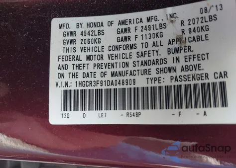 2013 Honda Accord Touring z USA, uszkodzony, nr VIN 1HGCR3F91DA048909